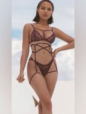 Roma 3-Piece Plum Cage Garter Lingerie Set
